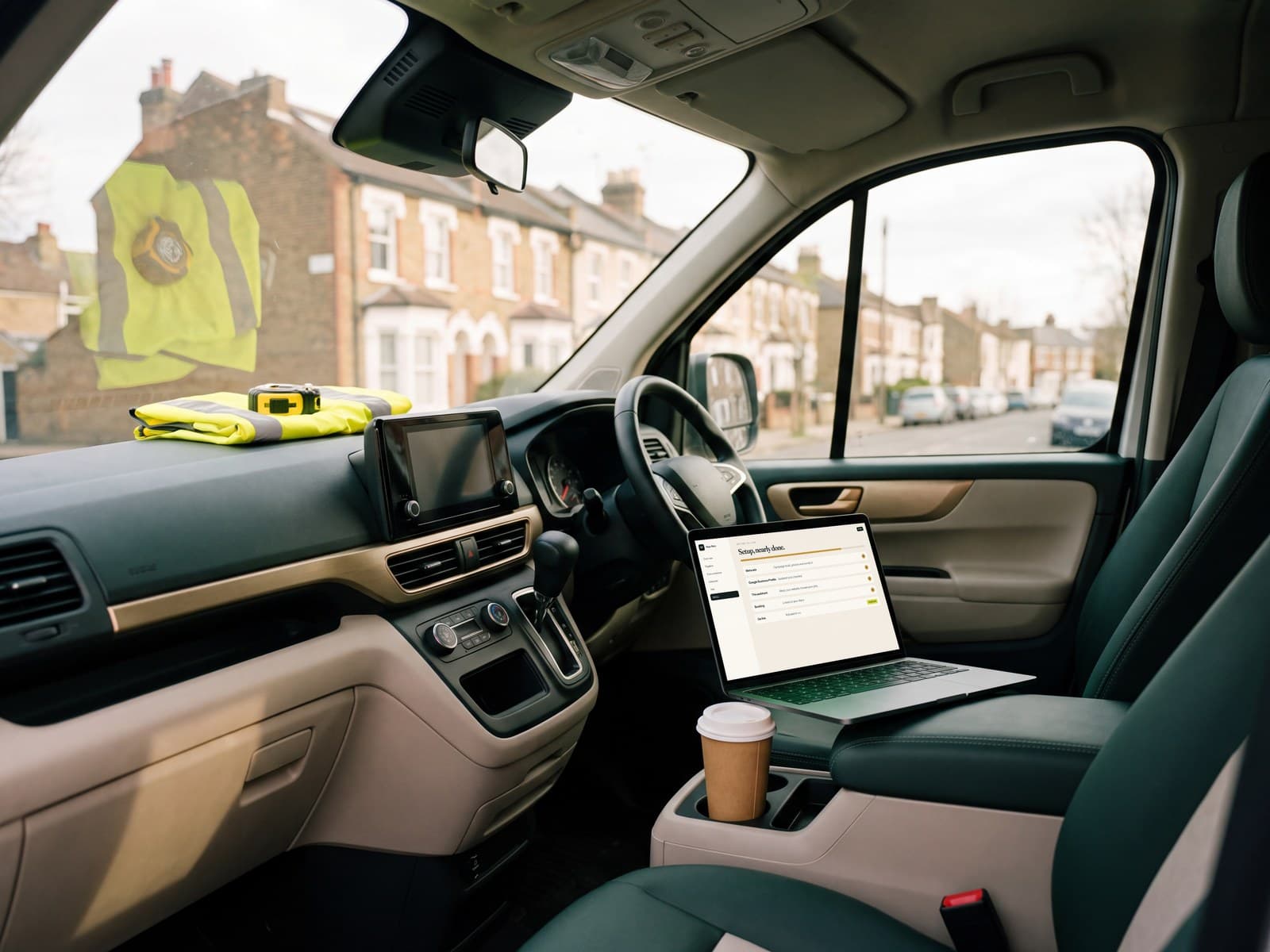 A laptop on a van seat showing the setup checklist