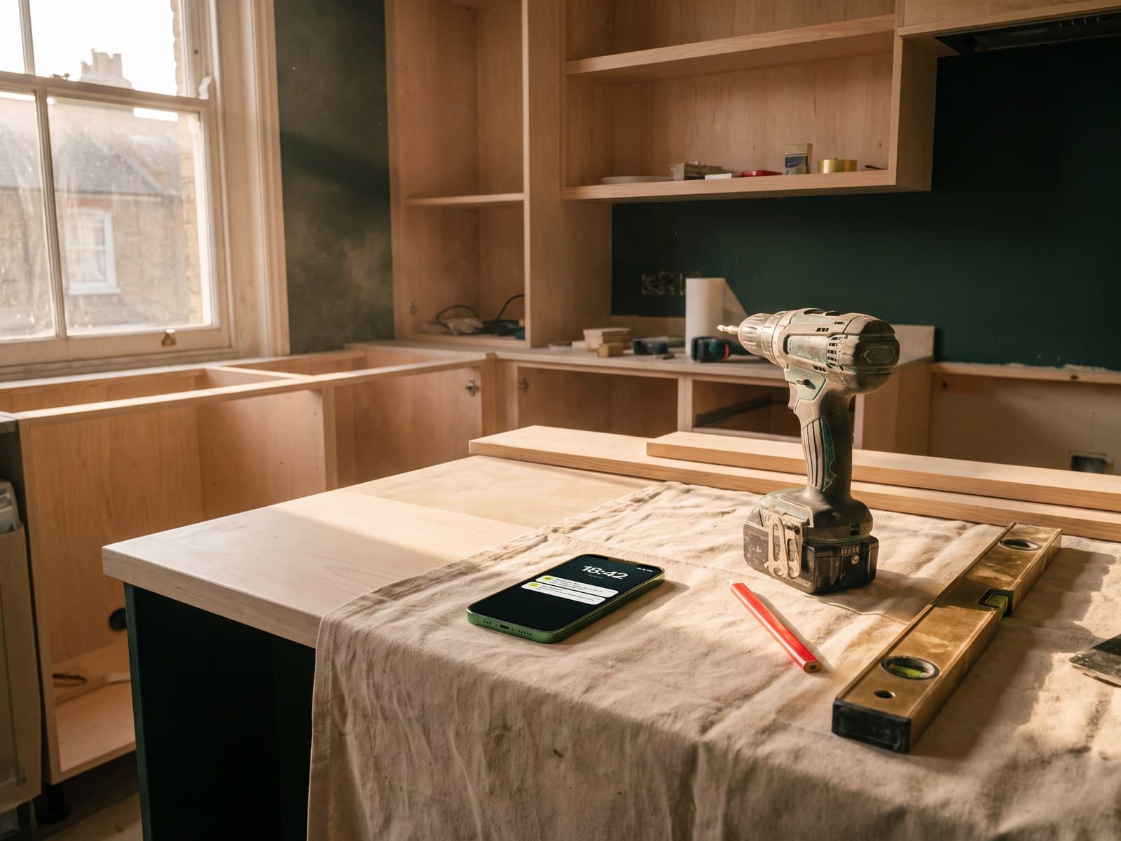 A phone on a worktop mid-fit, showing a new enquiry already answered