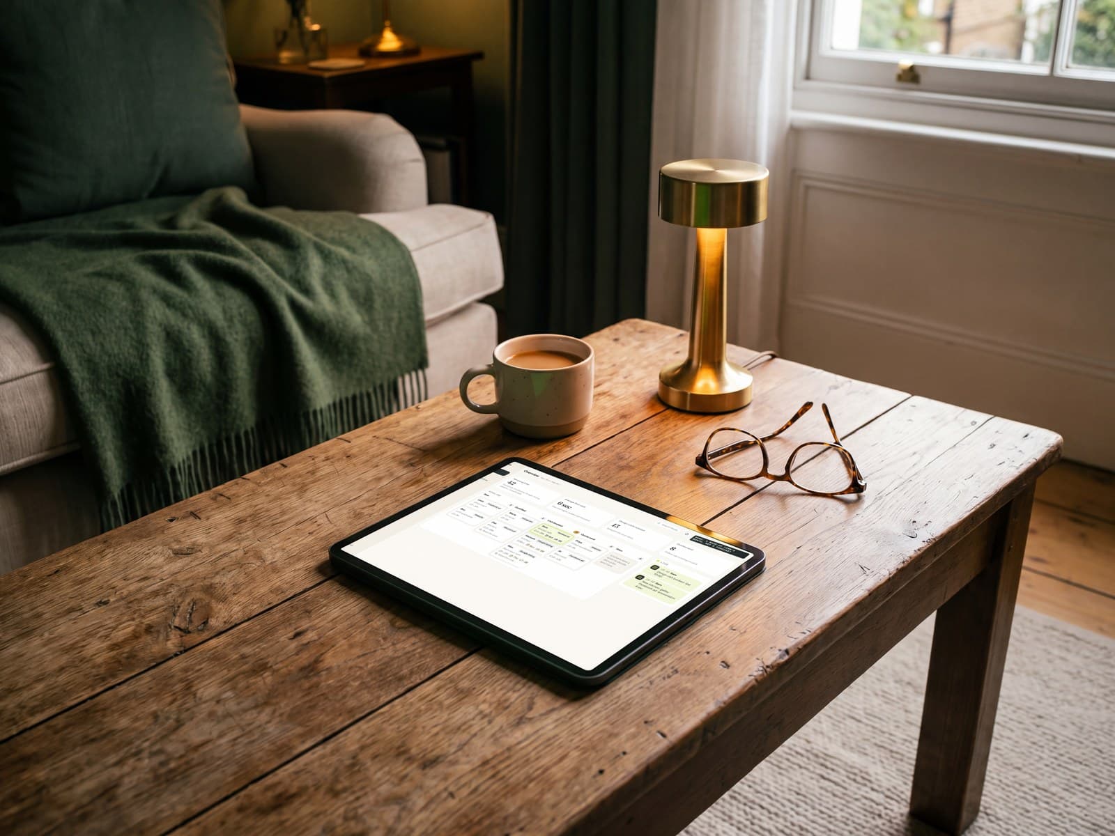 A tablet on a coffee table showing the CRM overview