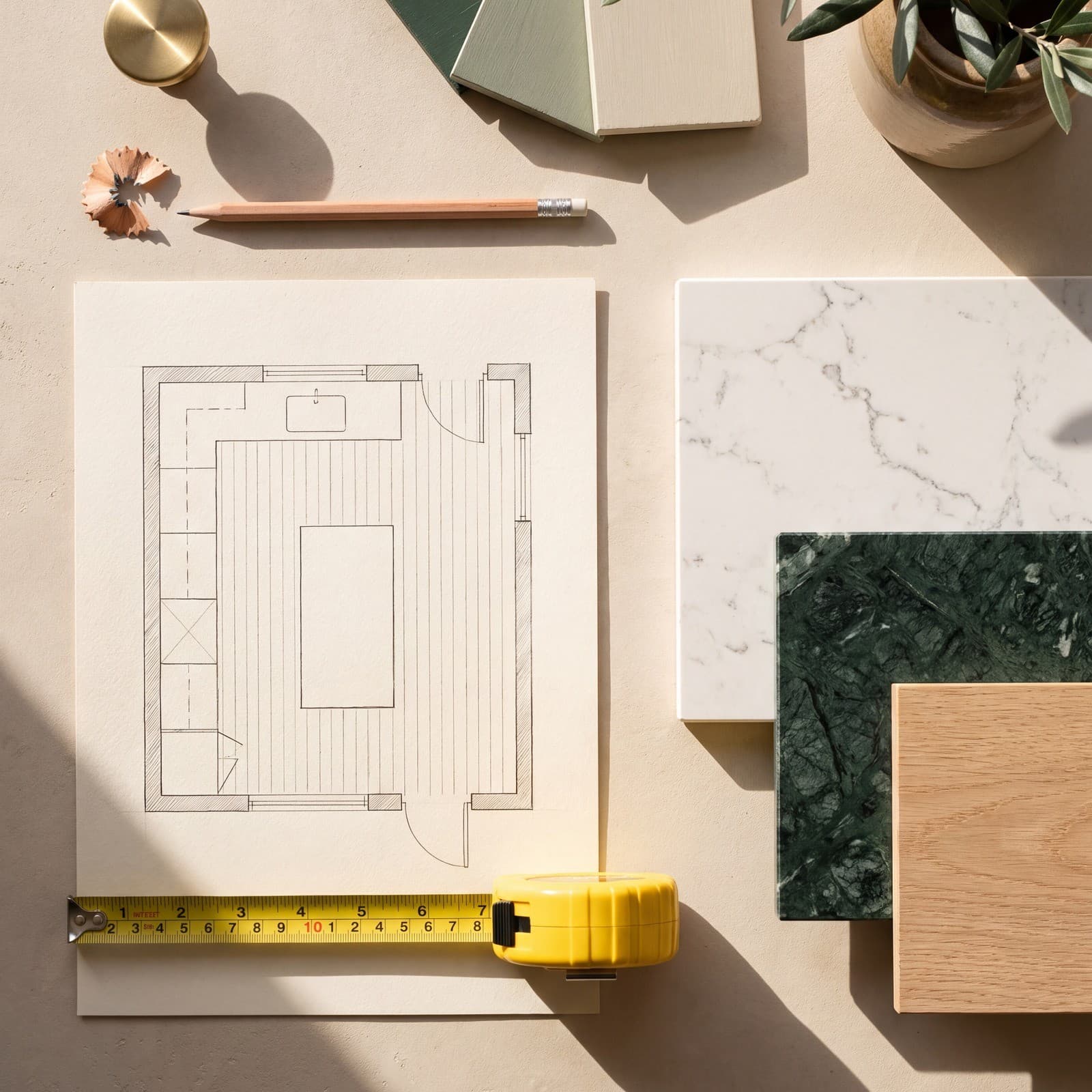 A design visit laid out: a kitchen floor plan, a tape measure and worktop samples.