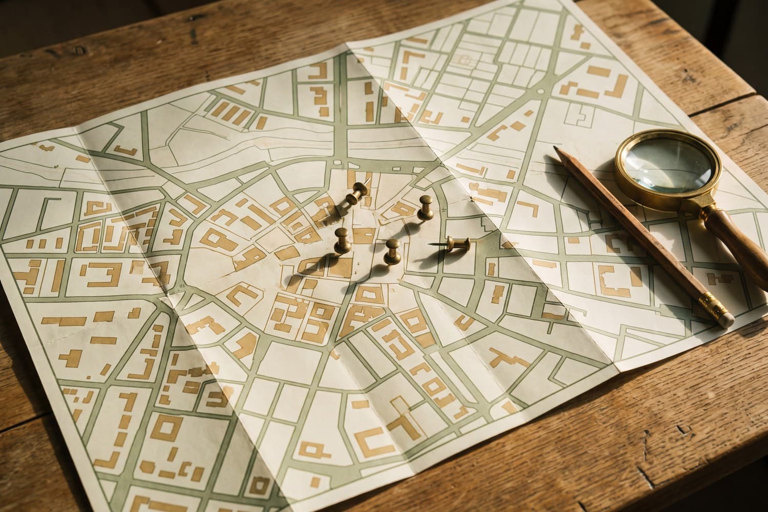 A street map with pins marking firms that advertise nearby