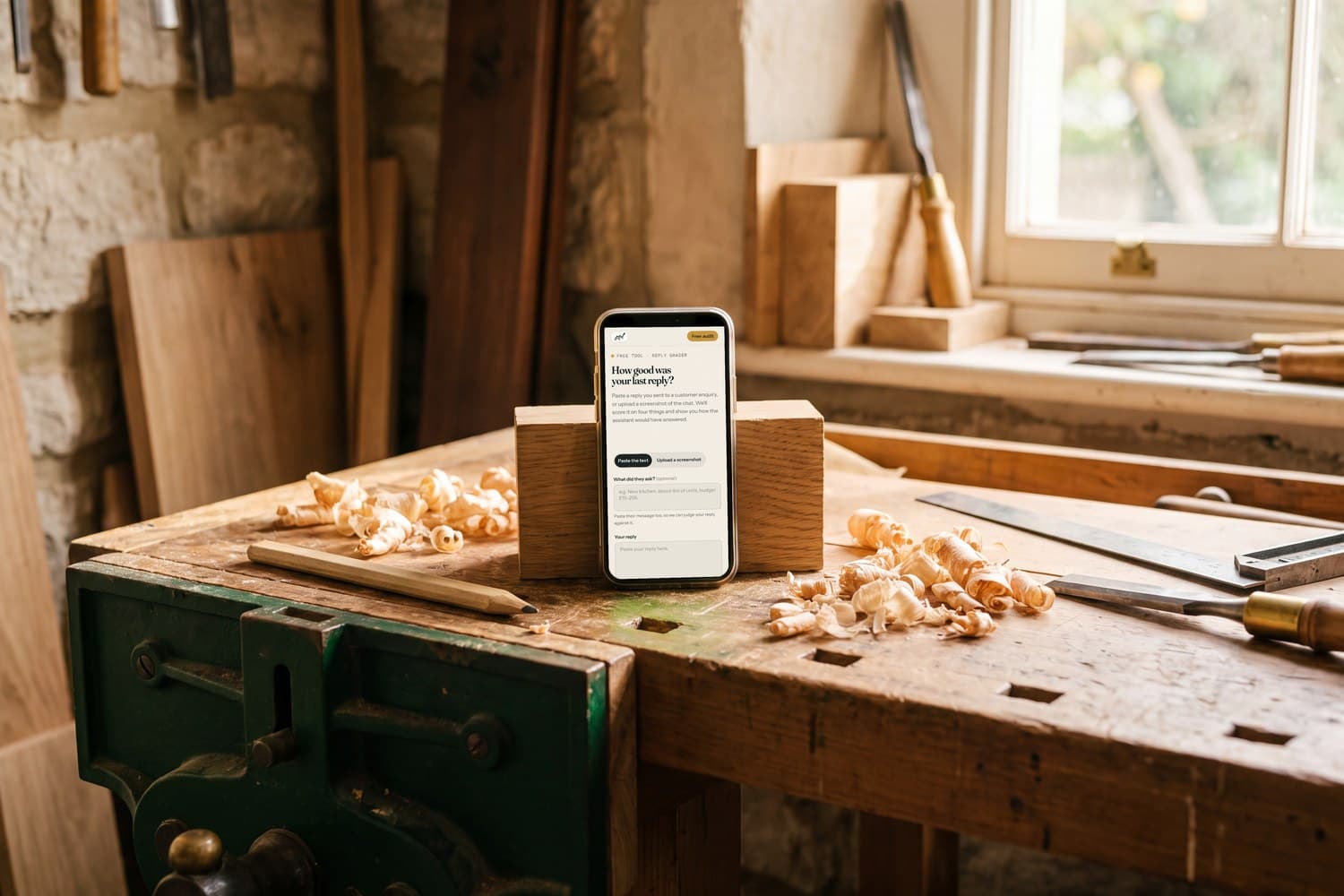 The reply grader open on a phone on a workbench