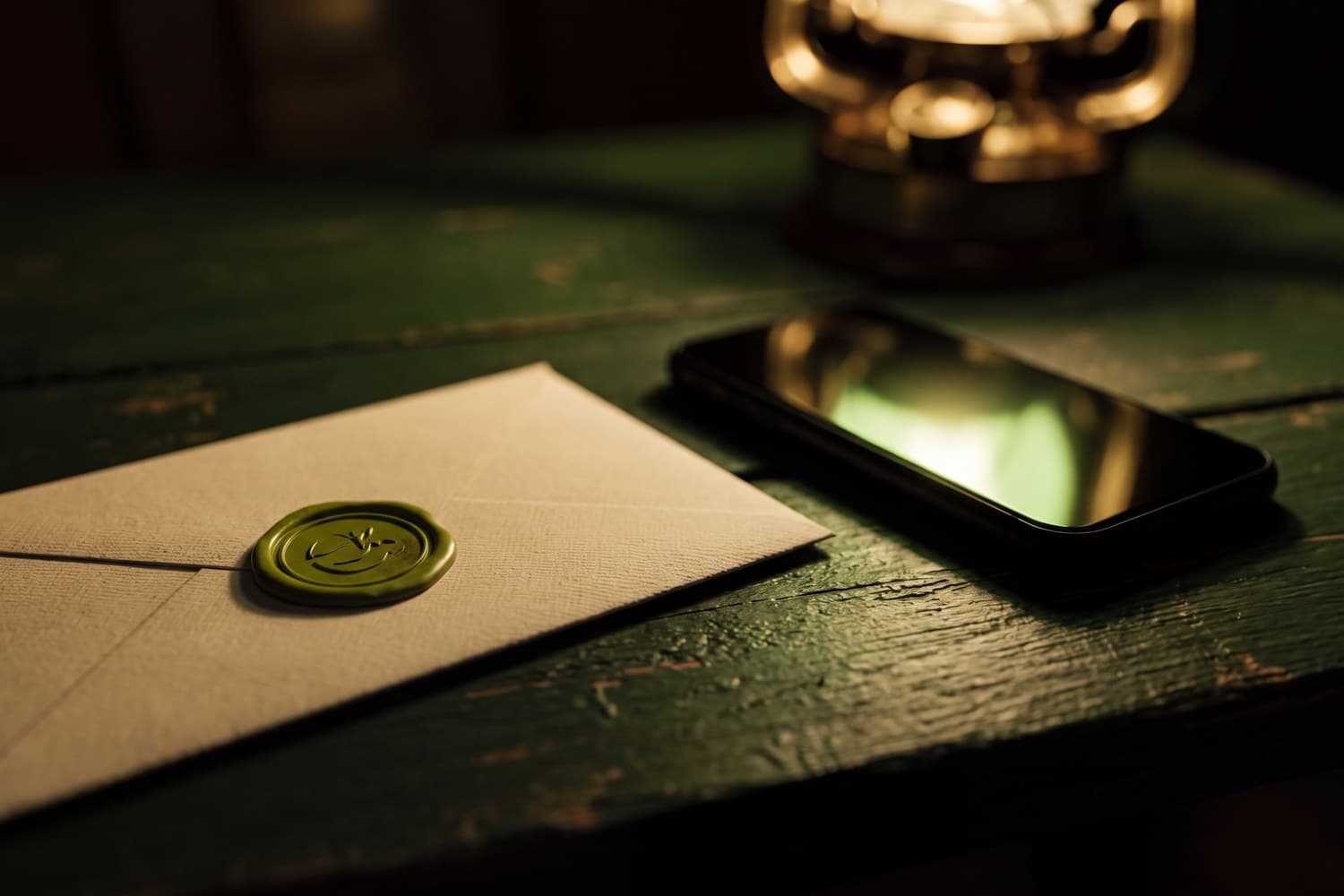 A sealed envelope beside a glowing phone at night