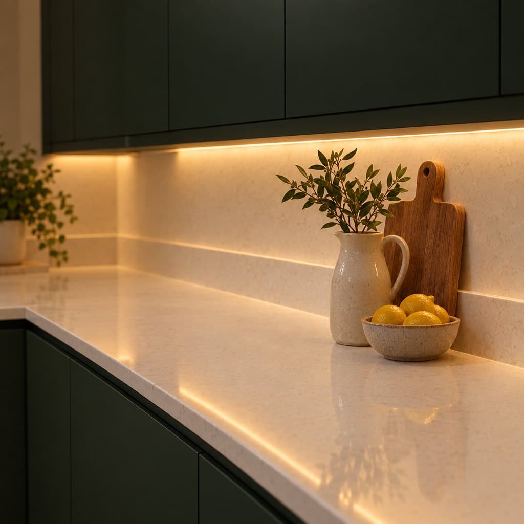 Close-up of under-cabinet lighting on a worktop