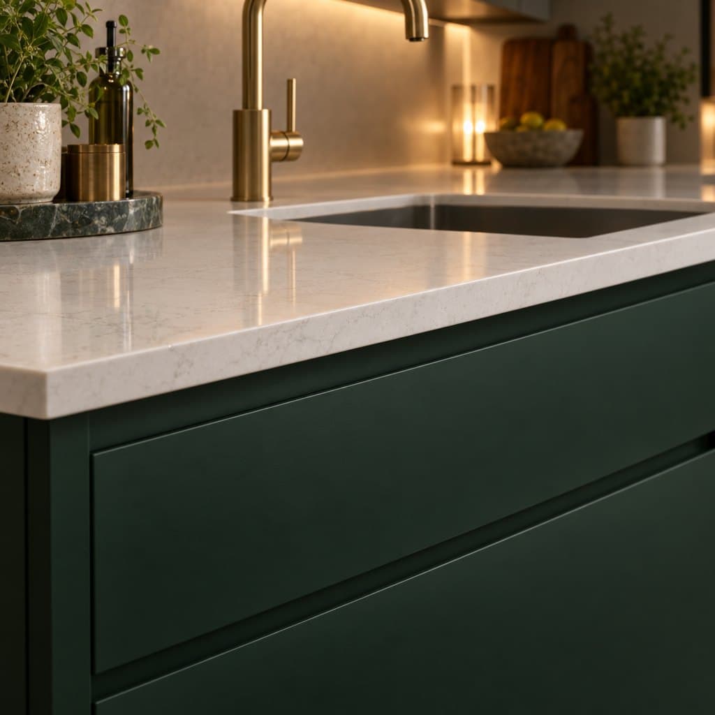 Close-up of a quartz worktop edge and a handleless door